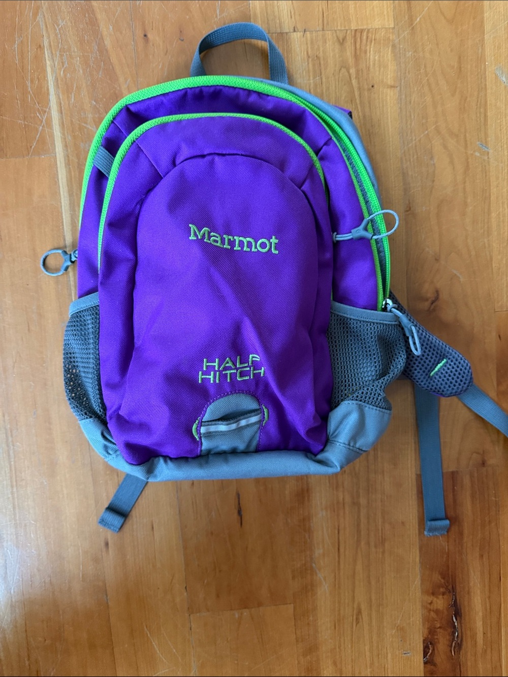 Marmot Purple Backpack with Lime Trim and Gray Accents